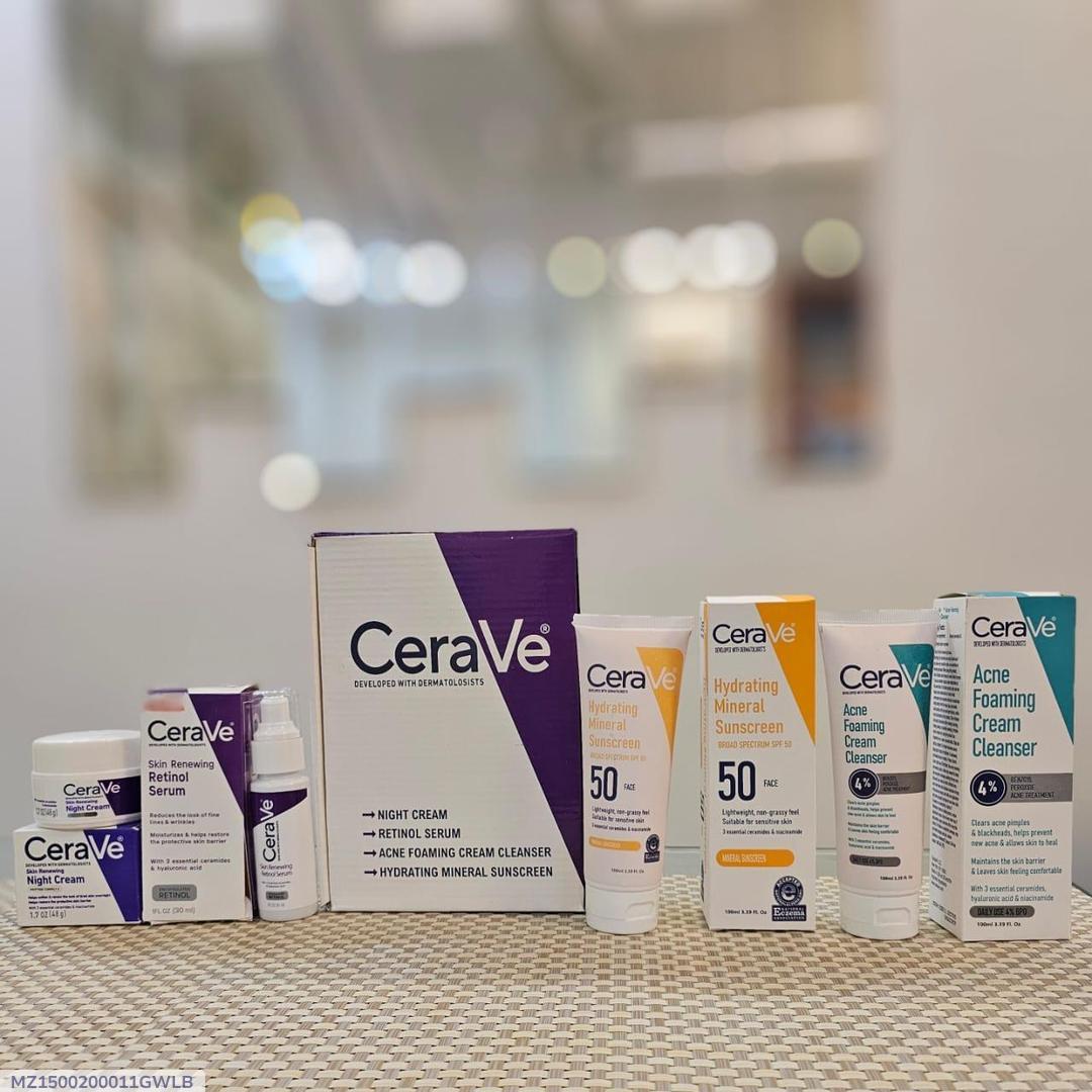 Cerave 4 In 1 Skincare Kit Night Cream, Sunblock, Cleanser & Serum For Radiant Skin