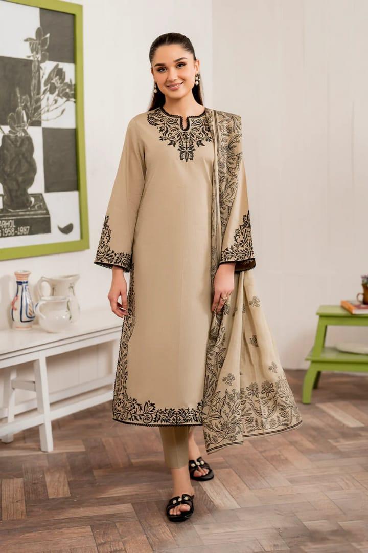 3 PC Women's Unstitched Embroidered Suit