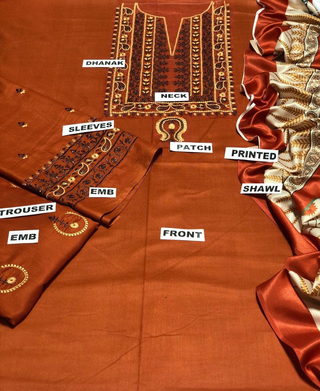 3PC Women's Unstitched Embroidered Suit