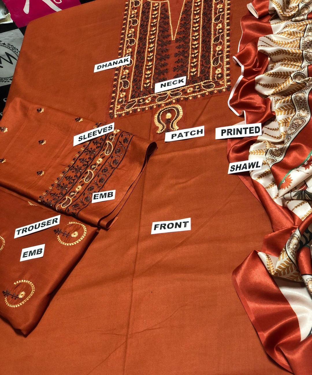 3PC Women's Unstitched Embroidered Suit