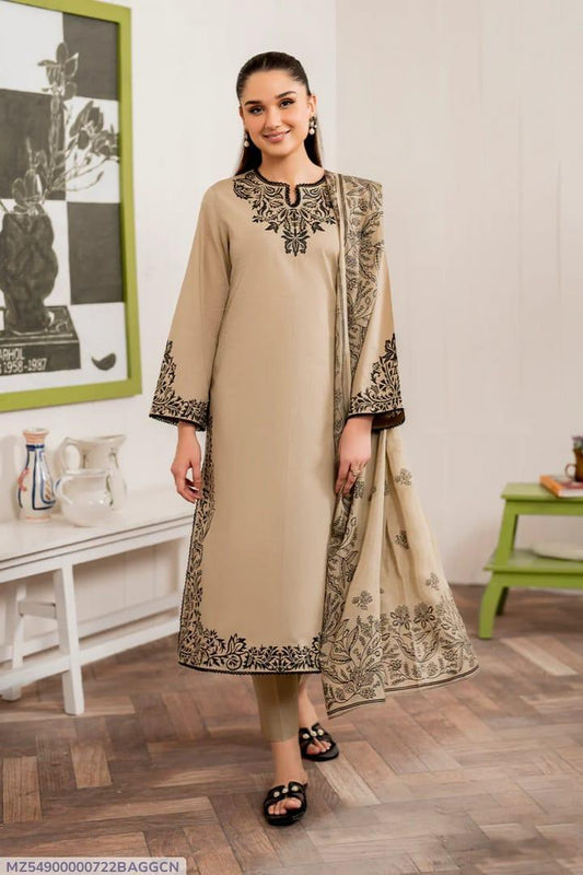 3 PC Women's Unstitched Embroidered Suit
